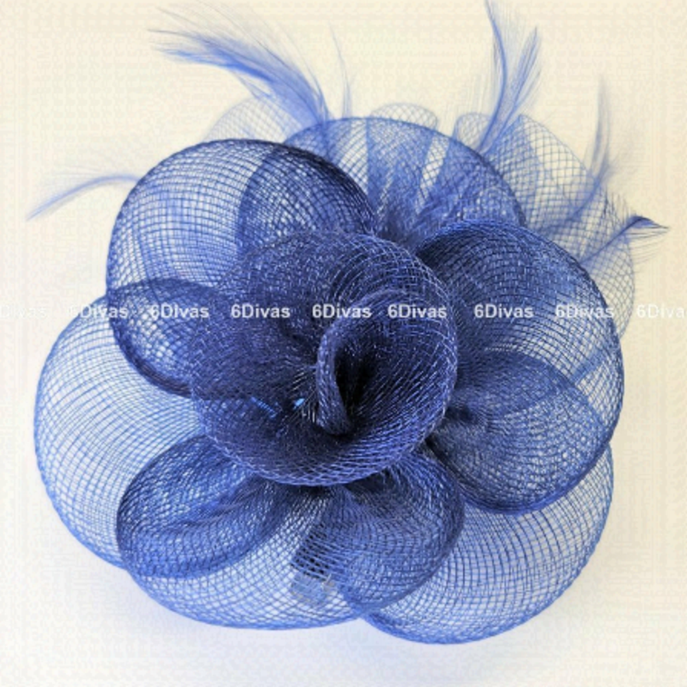 DEEP Blue Floral Hair Clip Fascinator Sinamay Mesh Fascinator- New